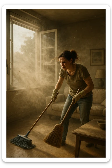 A realistic, cinematic image of a person cleaning a living room with a mop and broom, windows wide open letting in a strong gust of wind. Through the open windows, thick clouds of dust, pollen, and small debris visibly swirl into the room, floating in sunbeams that highlight the particles in the air. The person looks frustrated and tired, mid-action sweeping but clearly battling the incoming dust. Around the room, some furniture and surfaces already show a thin layer of dust settling. The scene is bathed in natural daylight with a slightly hazy atmosphere due to the airborne dust. The color palette uses warm, muted tones emphasizing the contrast between cleanliness efforts and the stubborn dirt and dust invading the space. The focus is on the tension between trying to clean and the unavoidable mess coming in from outside. sticker