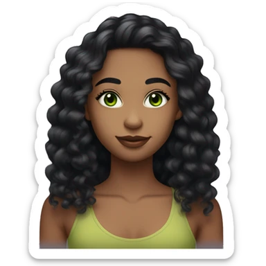 long curly black hair, full body head to toe, eyes with a hint of green, eyes positive  canthal tilt ,medium thick eyebrows , and thin lips, round face shape, soft jawline, full body, teen, sensual, american, woman, well defined feminine body sticker