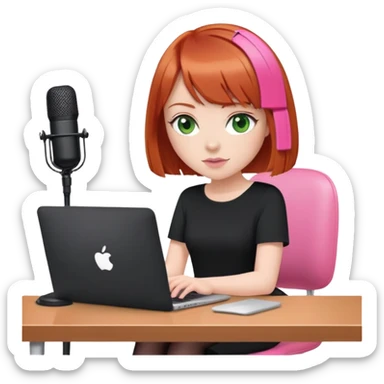  Redhead Bob with fringe with green eyes sat at desk with pink MacBook and  podcast microphone black top and pink chair  sticker