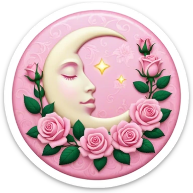 A round pink button with a light cream full damask moon and pink roses in the center sticker