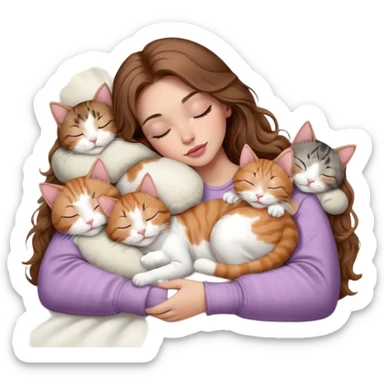 girl with long wavy brown hair, brown eyes, long lashes makeup, sexy pink lips, light to medium complexion,  sleeping on a cozy pillow, with 6 cats: 1 brown and white tabby cat, 1 ginger and white, 2 grey and white, 1 grey with white mittens and small white patch on chest and 1 calico, sleeping sticker