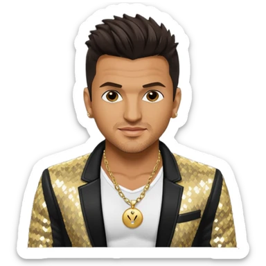 Peter Andre with dark brown hair, black sequin jacket, shirtless with necklace sticker