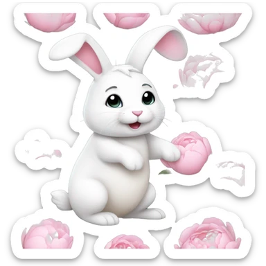 cute white bunny holding light pink peonies sticker