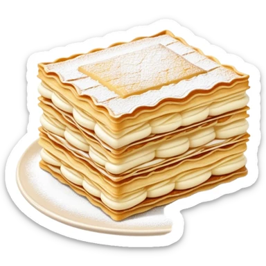 Cinematic delicate mille-feuille, thin crispy pastry layers filled with smooth vanilla cream, dusted with powdered sugar, elegant presentation, highly detailed and sophisticated. sticker