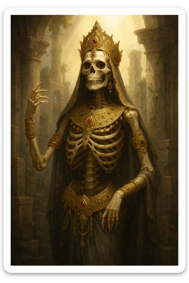 goddess skeleton, regal pose, ornate jewelry, ancient ruins background, divine light sticker