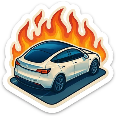 A Tesla Model Y parking in a driveway, from above, with fire around sticker