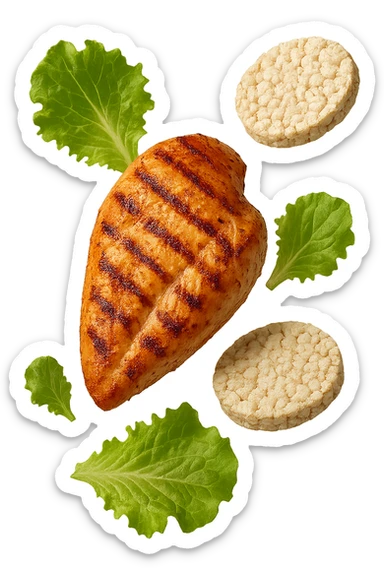 petto di pollo grigliato fluttua in aria insieme a gallette di riso e foglie di insalata, iperrealistico 4k sticker