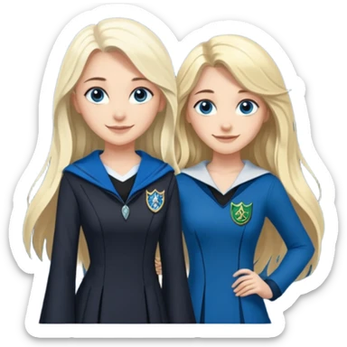 a pretty ravenclaw girl with long dark brown hair and blue eyes standing with a hot Slytherin girl with long blonde hair, blue eyes and big boobs  sticker