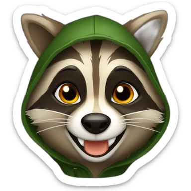 brown raccoon with orange eyes and a dark green hood that is laughing sticker