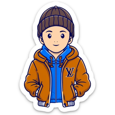 young person wearing a Louis Vuitton beanie and a Ralph Lauren Gorham jacket sticker