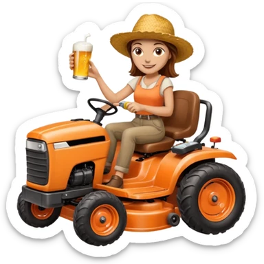 White woman with brown hair, without glasses wearing a straw hat, on old orange ride on lawn mower, holding a beer with one hand and holding the steering wheel with the other hand. Woman is smiling.  sticker