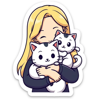 pretty woman with pale skin, very long blonde hair hugging a cat sticker