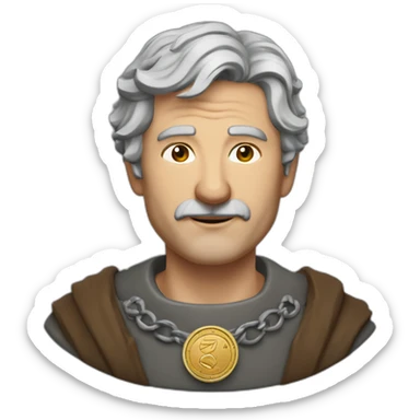 medieval coin engravers guild leader, 50 years old, grey hair, bust, has a necklace with a coin, has a coin in one hand sticker