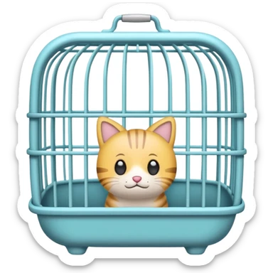 A cute emoji-style empty pet cage — cartoon look, rounded design, pastel colors, with vertical bars and a small handle on top. The cage is completely empty inside. No animals, no cats, no creatures — just the cage sticker