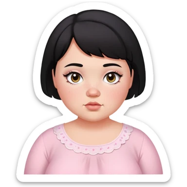 black short haired chubby girl with black eyes and fair skin with freckles in a light pink coquette blouse sticker