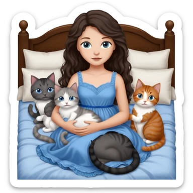 detailed realistic looking a dark grey and white cat regally laying with six other cats, cuddling with their owner in bed who is a pretty bratz lightly tanned white girl with long dark brown hair, blue eyes and gorgeous long wavy hair wearing a pretty detailed dress sticker