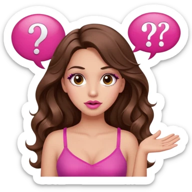 girl with long wavy brown hair, brown eyes, long lashes makeup, sexy pink lips, light to medium complexion, wearing a pink sexy top, shugging, question mark one speech bubble sticker