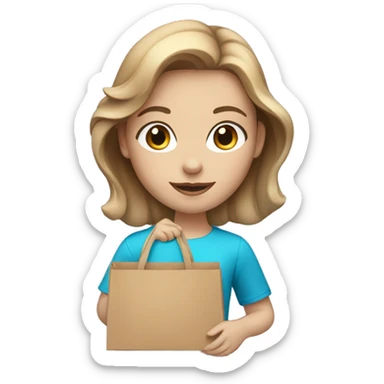 fair skinned girl with light brown hair and blue eyes holding a shopping bag sticker