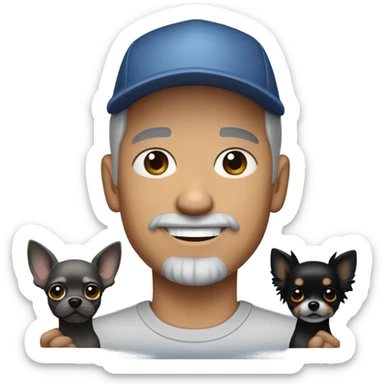 blue eyes gray hair gray goatee man in ball cap holding a black longhair chihuahua  sticker