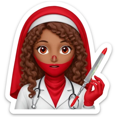 Lilith scalpel in hand, evil surgeon sexy surgeon clothes.  She has red eyes. She brown long curly hair. Wears sexy doctor outfit with red gloves. Covers mouth necknose with red burka to hide her identity sticker