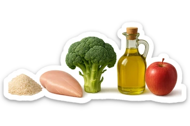 Riso basmati
Petto di pollo
Verdura fibrosa verde
Olio EVO
Mela
vista frontale, iperrealistico 4k sticker