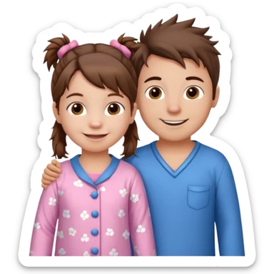 A toddler girl with brown hair with two pig tails, wearing pink pajamas and a bigger 4 year old boy with spikey brown hair, wearing blue pajamas. Both light skin and smiling.  sticker