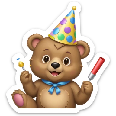 Partying bear cub with confetti and party blower sticker