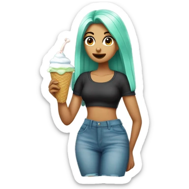 Chica comiendo helado la chica tiene camiseta verde menta y falda azul, leotardos blancos y botas negras sticker