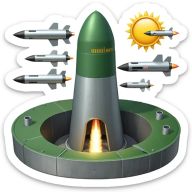 green landscape with sun in top of the background, there is a missile silo hatch open, and the top two thirds of a nuclear missile launching out of the silo is shown sticker