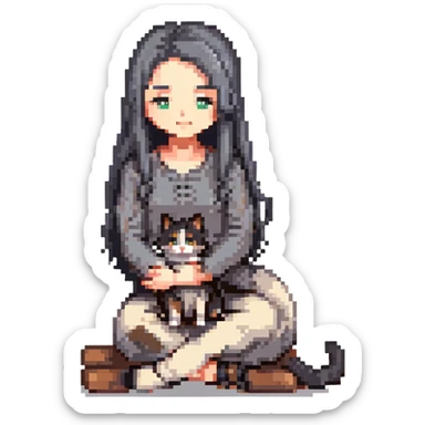 beautiful girl with long black hair sitting cross-legged petting a gray and blonde mixed cat curled beside her, pixel art style sticker