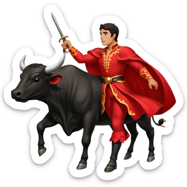 Create a realistic image of a traditional bullfighting scene in a Spanish arena.
Show a bullfighter (matador) HOLDING a red cape (muleta) not wearing one. as a powerful black bull charges toward it. sticker