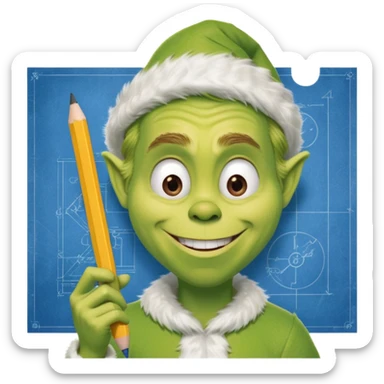 a man holding a pencil over a blueprint, grinning deviously like the Grinch sticker