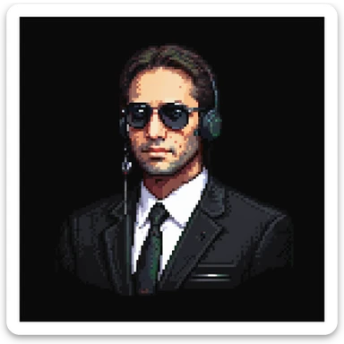 Mossad spy wearing a dark suit, sunglasses, and earpiece, mysterious expression, pixel art style, simple background sticker