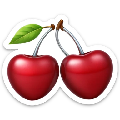 A pair of cherries emoji made of polished silver chrome, smooth rounded shapes, glossy metallic finish, soft highlights and reflections, cute proportions, iOS emoji style, centered, clean white background, no text sticker