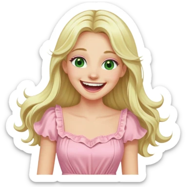 blonde with long hair and swamp eyes in a pink pastel dress, laughing sticker