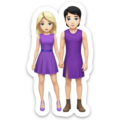 prince, standing upright, black Hair, blue eyes, garment,  woman, bending knee, sleveless white dress, blonde hair, green eyes, sticker