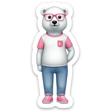 friendly anthropomorphised polar bear standing upright, chilled and unbothered, wearing a shirt, jeans, trainers, glasses with flamingo frame design sticker