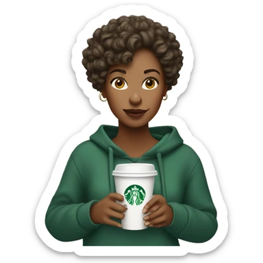 A woman wearing a sweatshirt with curly hair holding a Starbucks cup with two hands sticker