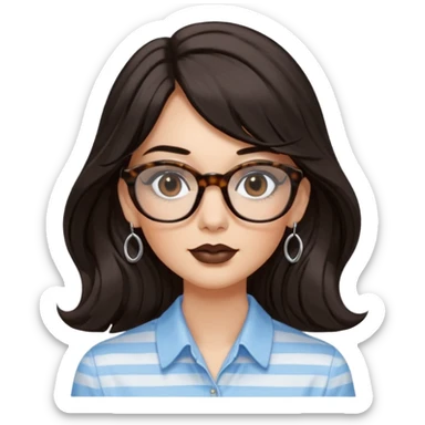 An emoji featuring a woman with very long wavy dark brown hair and a whispy straight bang, wearing thick tortoise square shaped glasses, drop earrings. She has long lashes, black eyeliner and a nude browny glossy lipstick. She's wearing an oversize light blue shirt with white vertical strips.  sticker