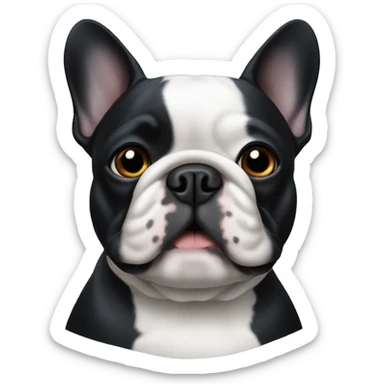 An all-black French bulldog with a white breast sticker