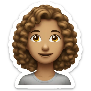 femme avec des cheveux bouclés, bruns et volumineux, légèrement tirés vers l'arrière. Le visage a une expression douce et tranquille, avec des yeux sombres et un léger sourire. sticker