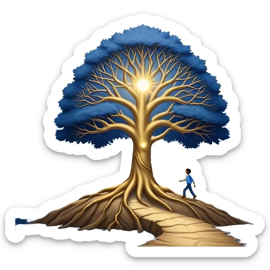 A deep blue-to-golden sunrise book with a textured, aged cover, featuring a lone figure on a path, a ray of light, or a tree with deep roots, radiating hope, purpose, and the power of finding meaning in adversity. sticker