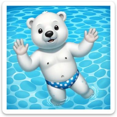 friendly anthropomorphised polar bear swimming in a wide pool scene, wearing polka dot swim trunks and snorkel gear sticker