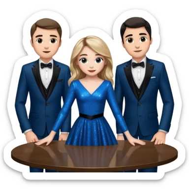 Sabrina carpenter in a blue sparkly dress at a table with 3 handsome men, and she is standing up reaching over  sticker