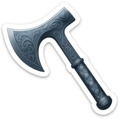 Recolor this weapon to match the blueish-gray steel color and ornate engravings of the reference helmet. Emphasize the cool metallic finish and detailed engravings, matching the helmet exactly. Transparent background. The style should reflect a cool metallic look with detailed engravings as seen in the helmet reference. sticker