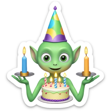 A cute friendly alien holding a birthday cake with candles, big expressive eyes, bright colors, cartoon style, playful atmosphere, 3D animated look, Pixar-inspired, highly detailed
 sticker