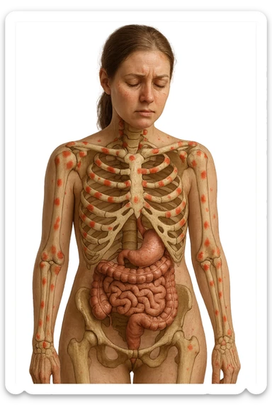 corpo umano anatomico di una donna affetta da fibromialgia, intestino anatomico realistico e red spot sparsi sulle sue ossa, iperrealistica 4k sticker