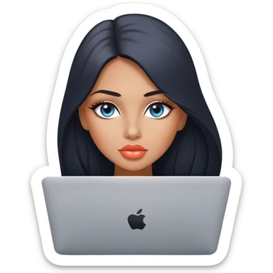 Glamours tanned very beautiful girl with big pump peach lips and almost black straight smooth silky long hair, blue-grey eyes with MacBook sticker