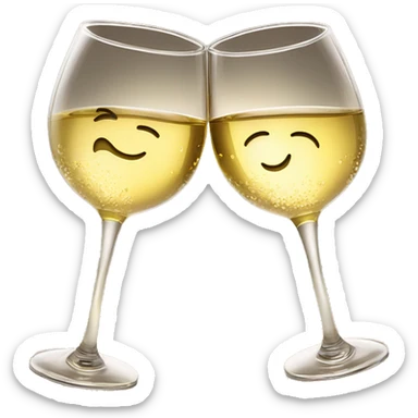 Two wine glasses filled with white wine clinking together in a toast, with soft sunlight highlighting the golden liquid and droplets of condensation on the glass sticker
