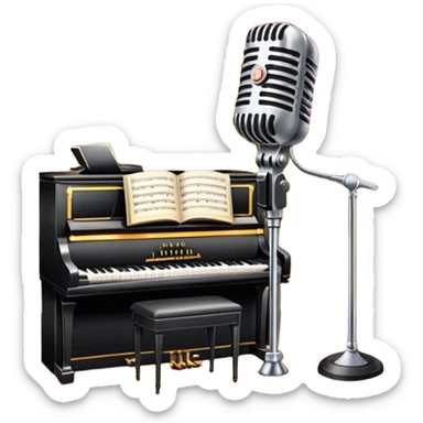 Icon for 50s American Musical Theater: a retro stage with neon lights, a classic microphone, musical notes, vintage theater curtains, and Broadway-style elements. Avoid focusing solely on the piano. Transparent background. sticker